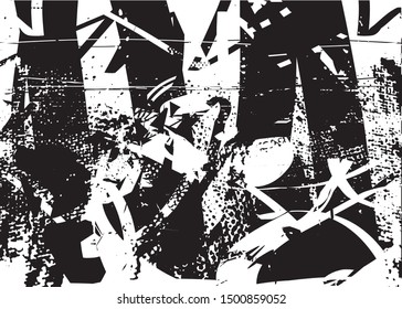 Distressed background in black and white texture with dots, spots, scratches and lines. Abstract vector illustration