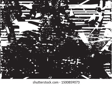 Distressed background in black and white texture with dots, spots, scratches and lines. Abstract vector illustration