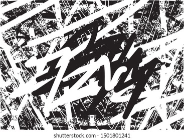 Distressed background in black and white texture with dots, spots, scratches and lines. Abstract vector illustration.