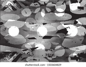 Distressed background in black and white texture with dots, spots, scratches and lines. Abstract vector illustration