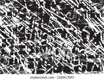 Distressed background in black and white texture with dots, spots, scratches and lines. Abstract vector illustration