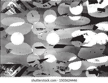 Distressed background in black and white texture with dots, spots, scratches and lines. Abstract vector illustration