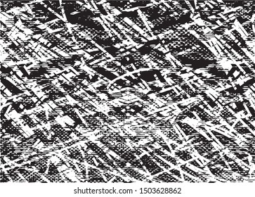 Distressed background in black and white texture with dots, spots, scratches and lines. Abstract vector illustration