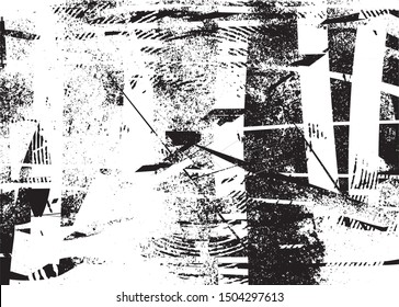Distressed background in black and white texture with dots, spots, scratches and lines. Abstract vector illustration