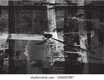 Distressed background in black and white texture with dots, spots, scratches and lines. Abstract vector illustration