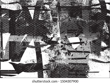 Distressed background in black and white texture with dots, spots, scratches and lines. Abstract vector illustration