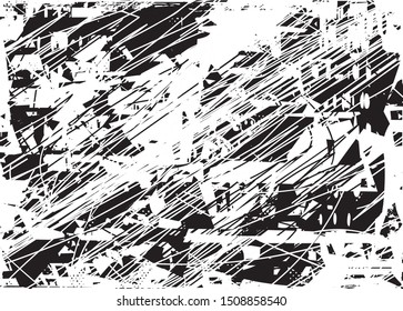 Distressed background in black and white texture with dots, spots, scratches and lines. Abstract vector illustration
