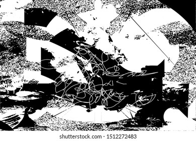 Distressed background in black and white texture with dots, spots, scratches and lines. Abstract vector illustration