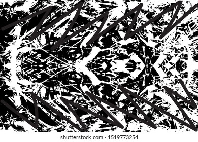 Distressed background in black and white texture with dots, spots, scratches and lines. Abstract vector illustration