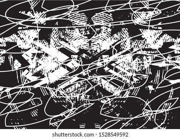 Distressed background in black and white texture with dots, spots, scratches and lines. Abstract vector illustration.