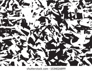 Distressed background in black and white texture with dots, spots, scratches and lines. Abstract vector illustration.