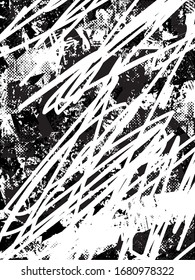 Fondo perturbado en textura en blanco y negro con manchas, arañazos y líneas. Ilustración de vector abstracto