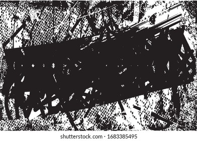 Distressed background in black and white texture with grass, spots, scratches and lines. Abstract vector illustration