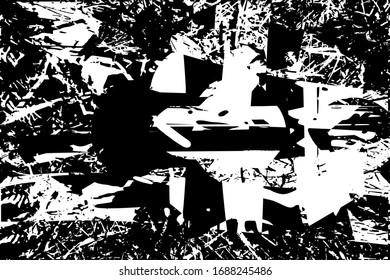 Distressed background in black and white texture with grass, spots, scratches and lines. Abstract vector illustration