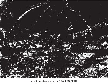Distressed background in black and white texture with dots, spots, scratches and lines. Abstract vector illustration