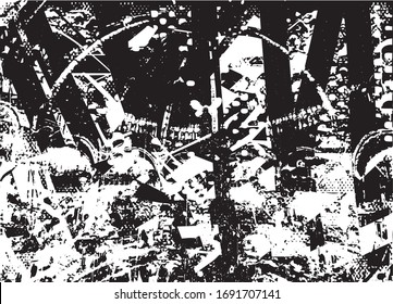 Distressed background in black and white texture with dots, spots, scratches and lines. Abstract vector illustration