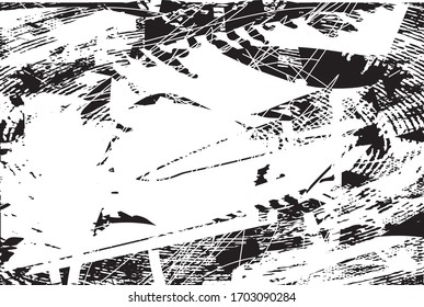 Fondo perturbado en textura en blanco y negro con puntos, puntos, rayas y líneas. Ejemplo de vector abstracto