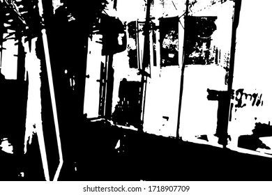 Distressed background in black and white texture with dark spots, nets, scratches and lines. Abstract vector illustration