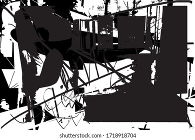 Distressed background in black and white texture with  grass, scratches and lines. Abstract vector illustration