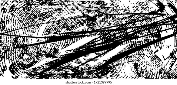 Fondo perturbado en textura en blanco y negro con puntos, arañazos y líneas. Ilustración abstracta vectorial.