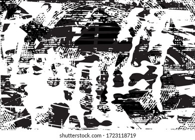 Distressed background in black and white texture with  dots, scratches and lines. Abstract vector illustration.