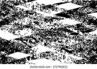 Distressed background in black and white texture with dots, spots, scratches and lines. Abstract vector illustration