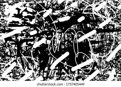 Fondo perturbado en textura en blanco y negro con puntos, puntos, arañazos y líneas. Ilustración del vector abstracto.