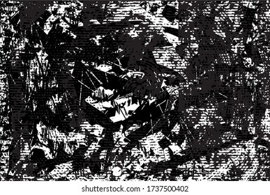Distressed background in black and white texture with dots, spots, scratches and lines. Abstract vector illustration.