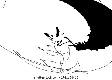 Distressed background in black and white texture with leafs, dots, spots, scratches and lines. Abstract vector illustration.