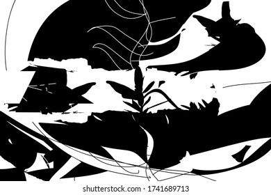 Fondo molesto de textura en blanco y negro con hojas, puntos, puntos, arañazos y líneas. Ilustración del vector abstracto.