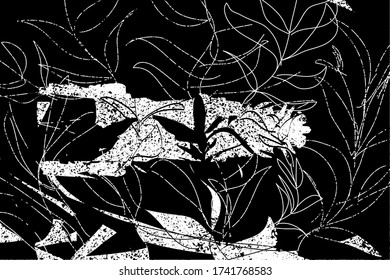 Fondo molesto de textura en blanco y negro con hojas, puntos, puntos, arañazos y líneas. Ilustración del vector abstracto.