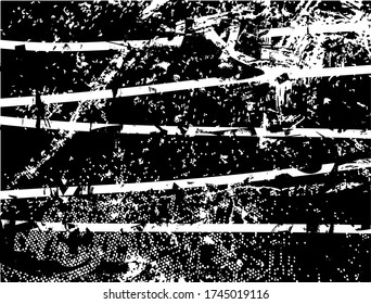 Distressed background in black and white texture with dots, spots, scratches and lines. Abstract vector illustration.