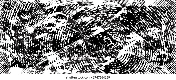 Fondo perturbado en textura en blanco y negro con puntos, puntos, arañazos y líneas. Ilustración del vector abstracto.