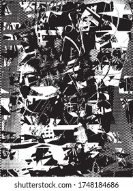 Fondo perturbado en textura en blanco y negro con puntos, puntos, arañazos y líneas. Ilustración del vector abstracto.