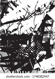 Distressed background in black and white texture with dots, spots, scratches and lines. Abstract vector illustration.