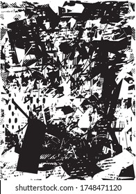 Distressed background in black and white texture with dots, spots, scratches and lines. Abstract vector illustration.