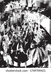 Fondo perturbado en textura en blanco y negro con puntos, puntos, arañazos y líneas. Ilustración del vector abstracto.