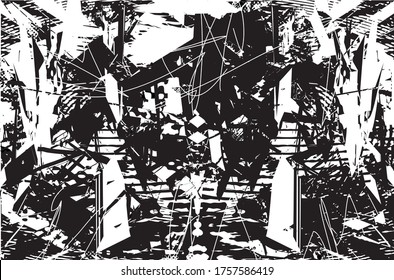 Distressed background in black and white texture with dots, spots, scratches and lines. Abstract vector illustration.