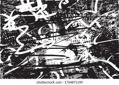 Distressed background in black and white texture with dots, spots, scratches and lines. Abstract vector illustration.