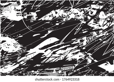 Distressed background in black and white texture with dots, spots, scratches and lines. Abstract vector illustration.