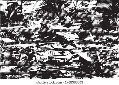 Distressed background in black and white texture with dots, spots, scratches and lines. Abstract vector illustration.