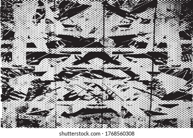 Distressed background in black and white texture with dots, spots, scratches and lines. Abstract vector illustration.