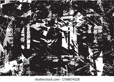 Unterdrückter Hintergrund in schwarz-weißer Textur mit Punkten, Flecken, Kratzern und Linien. Abstrakte Vektorgrafik.