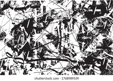 Fondo perturbado en textura en blanco y negro con puntos, puntos, arañazos y líneas. Ilustración del vector abstracto.