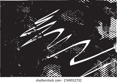 Distressed background in black and white texture with dots, spots, scratches and lines. Abstract vector illustration.