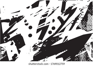 Fondo perturbado en textura en blanco y negro con puntos, puntos, arañazos y líneas. Ilustración del vector abstracto.