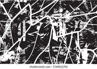 Distressed background in black and white texture with dots, spots, scratches and lines. Abstract vector illustration.