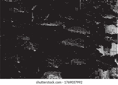 Distressed background in black and white texture with dots, spots, scratches and lines. Abstract vector illustration.
