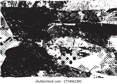 Distressed background in black and white texture with dots, spots, scratches and lines. Abstract vector illustration.