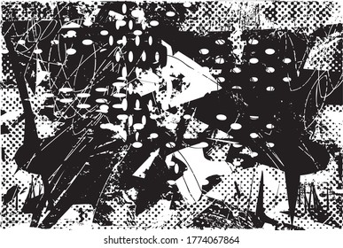 Fondo perturbado en textura en blanco y negro con puntos, puntos, arañazos y líneas. Ilustración del vector abstracto.